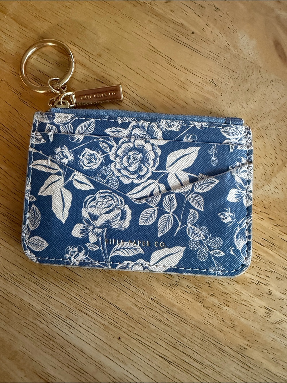 Rifle Paper Co. Blue White Floral Zip ID Card Holder Keychain Wallet